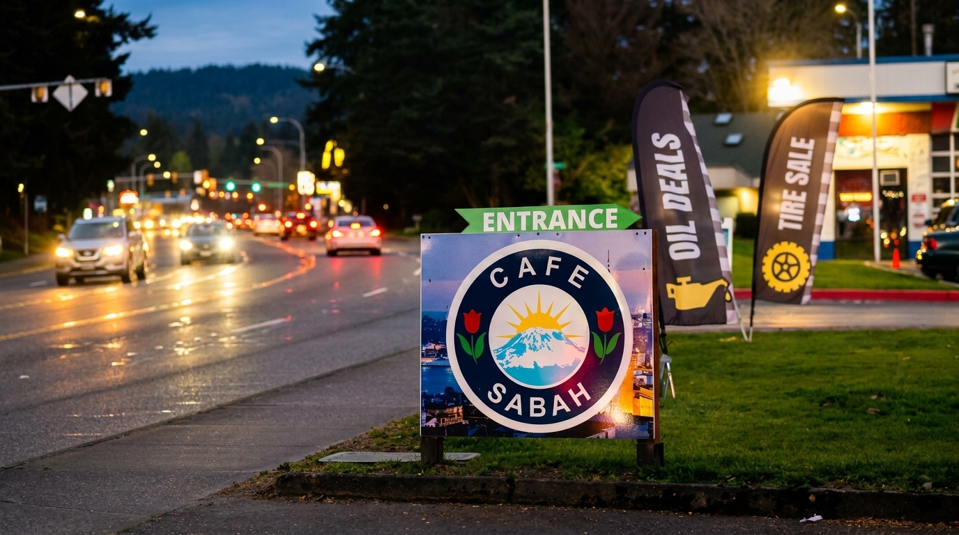 Cafe Sabah sign with an entrance arrow, cars on a wet road, and other business flags at dusk.