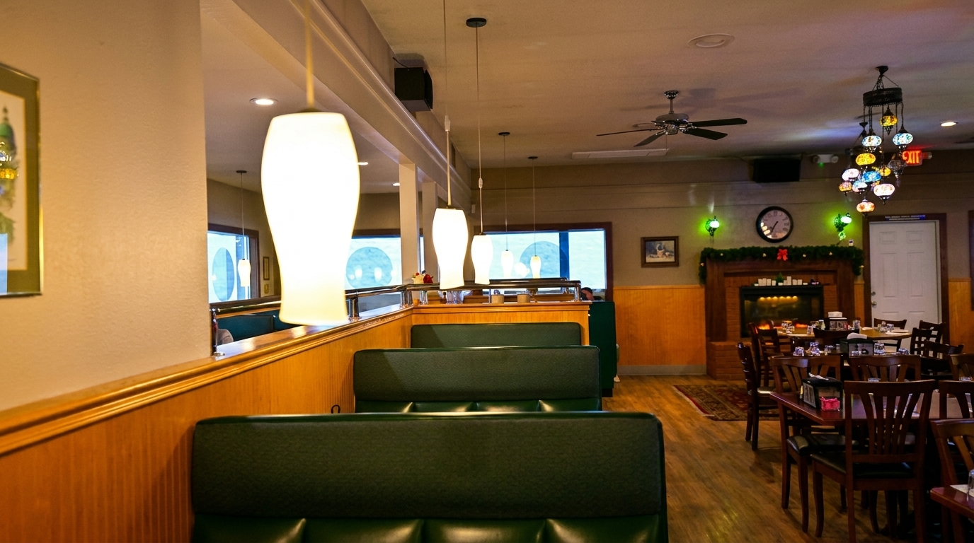 Cozy restaurant interior with green booths, wooden tables, a fireplace, and decorative lighting.