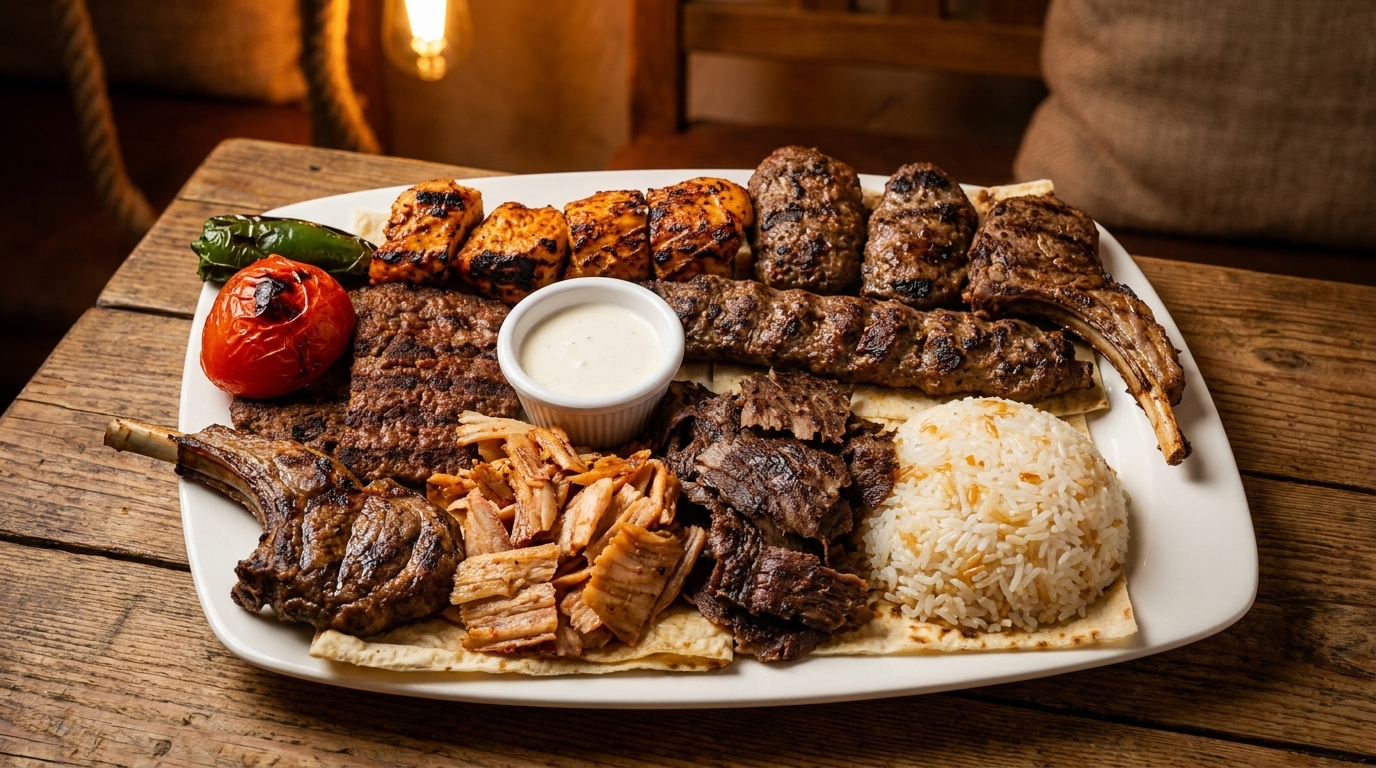 A large platter of various grilled meats, rice, and a side of sauce on a rustic wooden table.