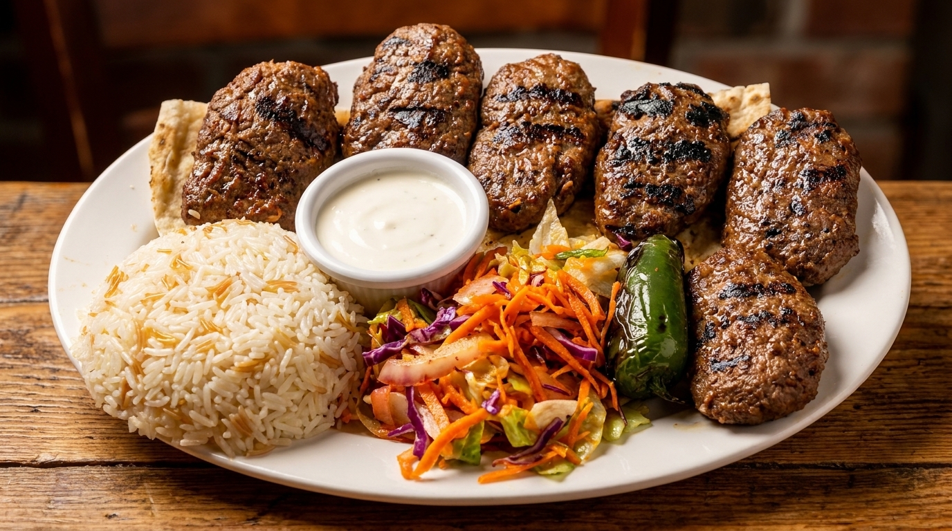 A plate of grilled kofta kebabs, rice, salad, a roasted pepper, and white sauce.