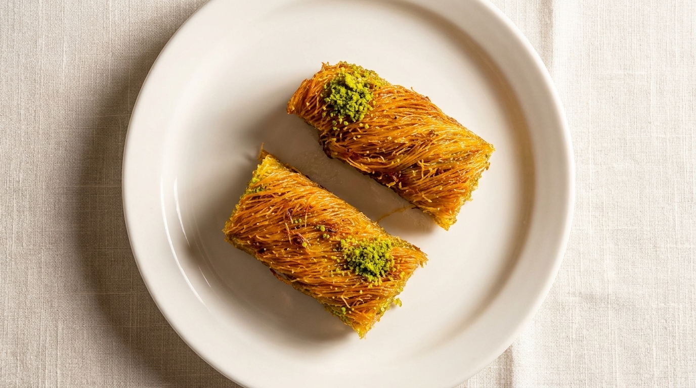 Two pieces of golden shredded phyllo dough dessert, topped with green pistachios, on a white plate.