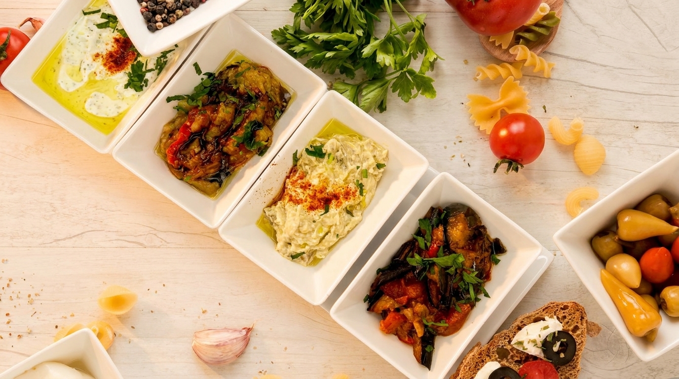A top-down view of various Mediterranean appetizers in white rectangular dishes on a light wooden table.