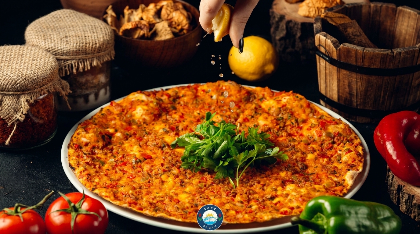 A hand squeezes lemon over a large, savory Turkish lahmacun topped with parsley, surrounded by fresh vegetables.