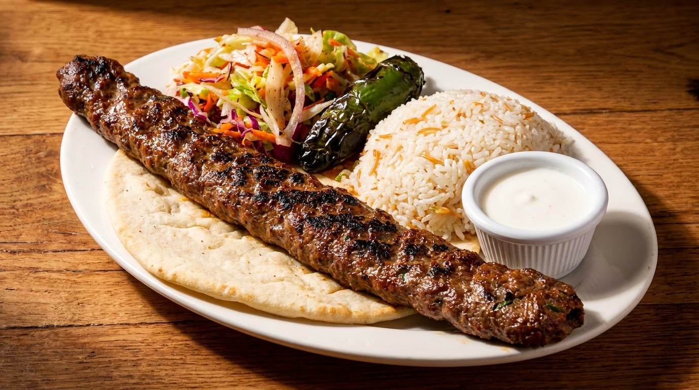 Grilled kebab, rice, salad, roasted pepper, pita bread, and white sauce on a plate.