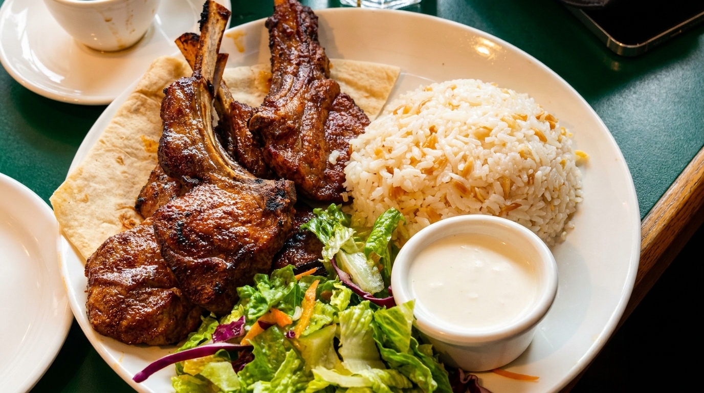 Grilled lamb chops with rice pilaf, fresh salad, flatbread, and a side of white sauce.