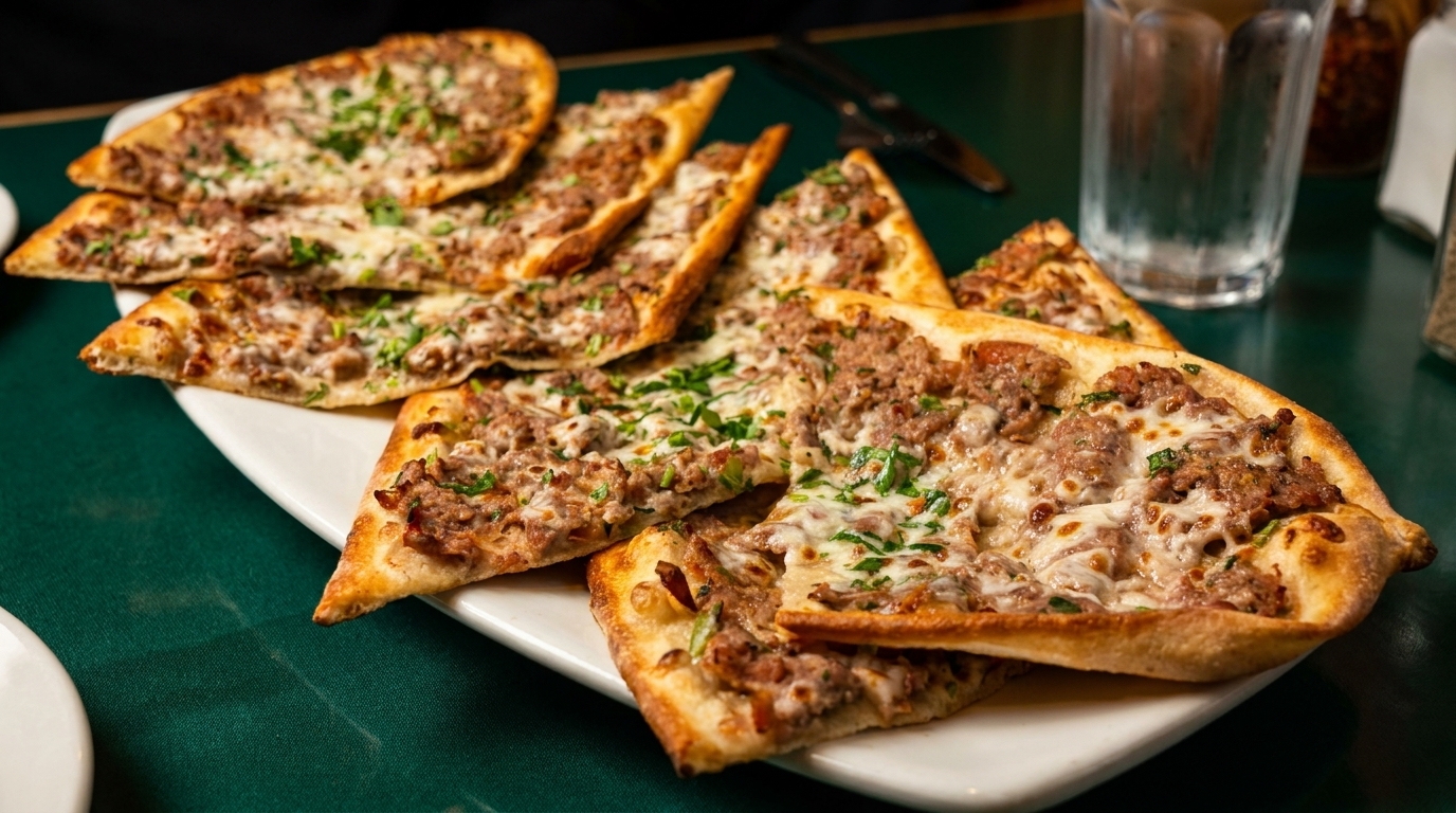 A white platter filled with several slices of meat and cheese flatbread on a green tablecloth.