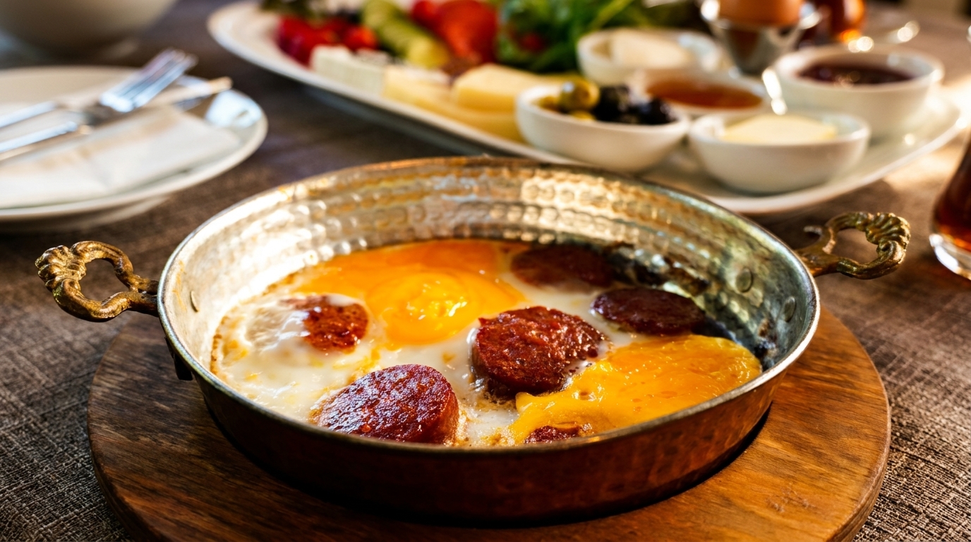 A copper pan of fried eggs and sausage, with a breakfast spread in the background.