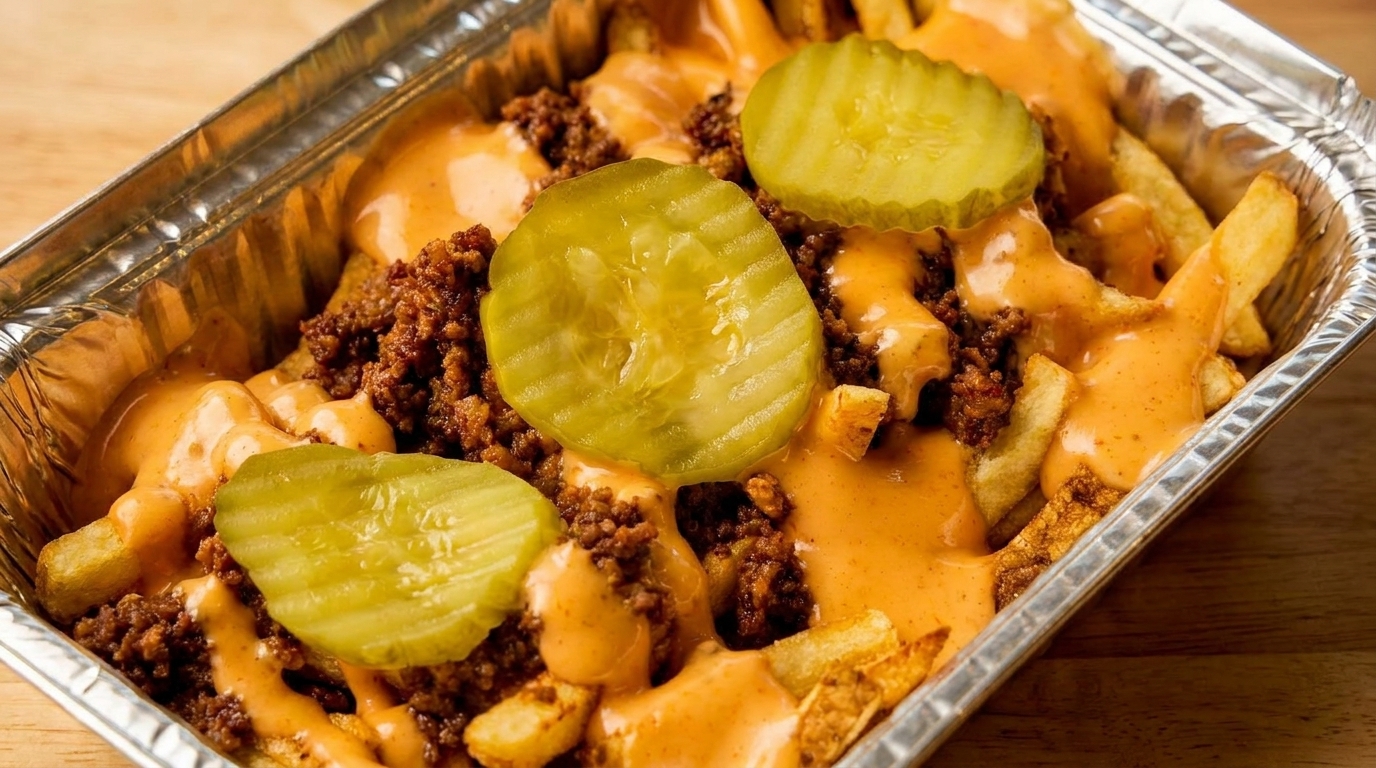 Fries topped with ground beef, melted cheese sauce, and pickle slices in a foil container.
