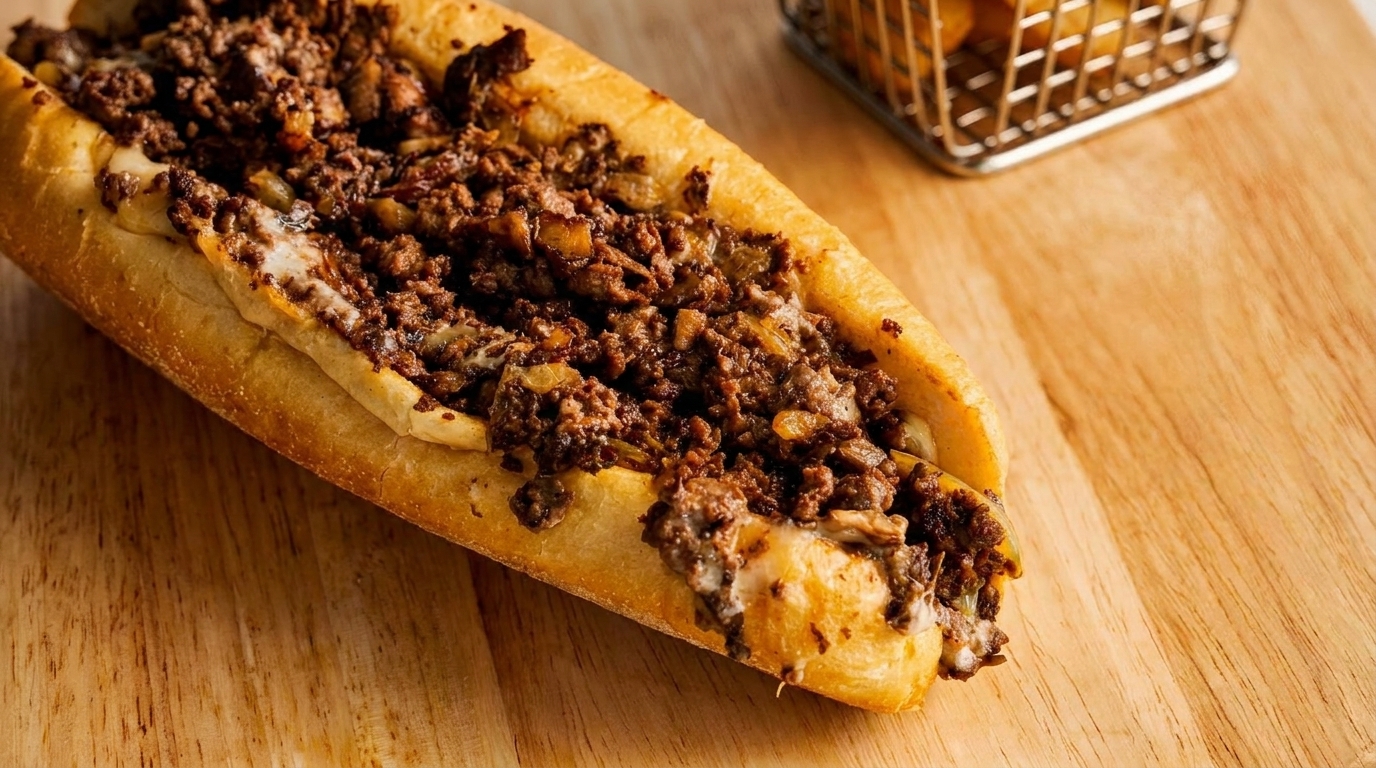 A delicious cheesesteak sandwich with melted cheese and chopped meat on a wooden board.