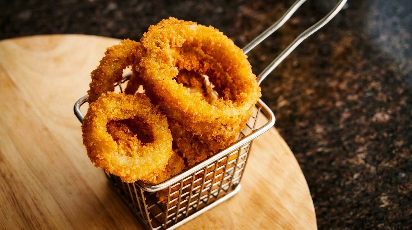 Crispy golden onion rings served in a metal basket on a wooden board.