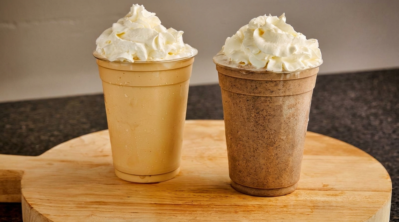 Two milkshakes, one vanilla and one chocolate, topped with whipped cream on a wooden board.