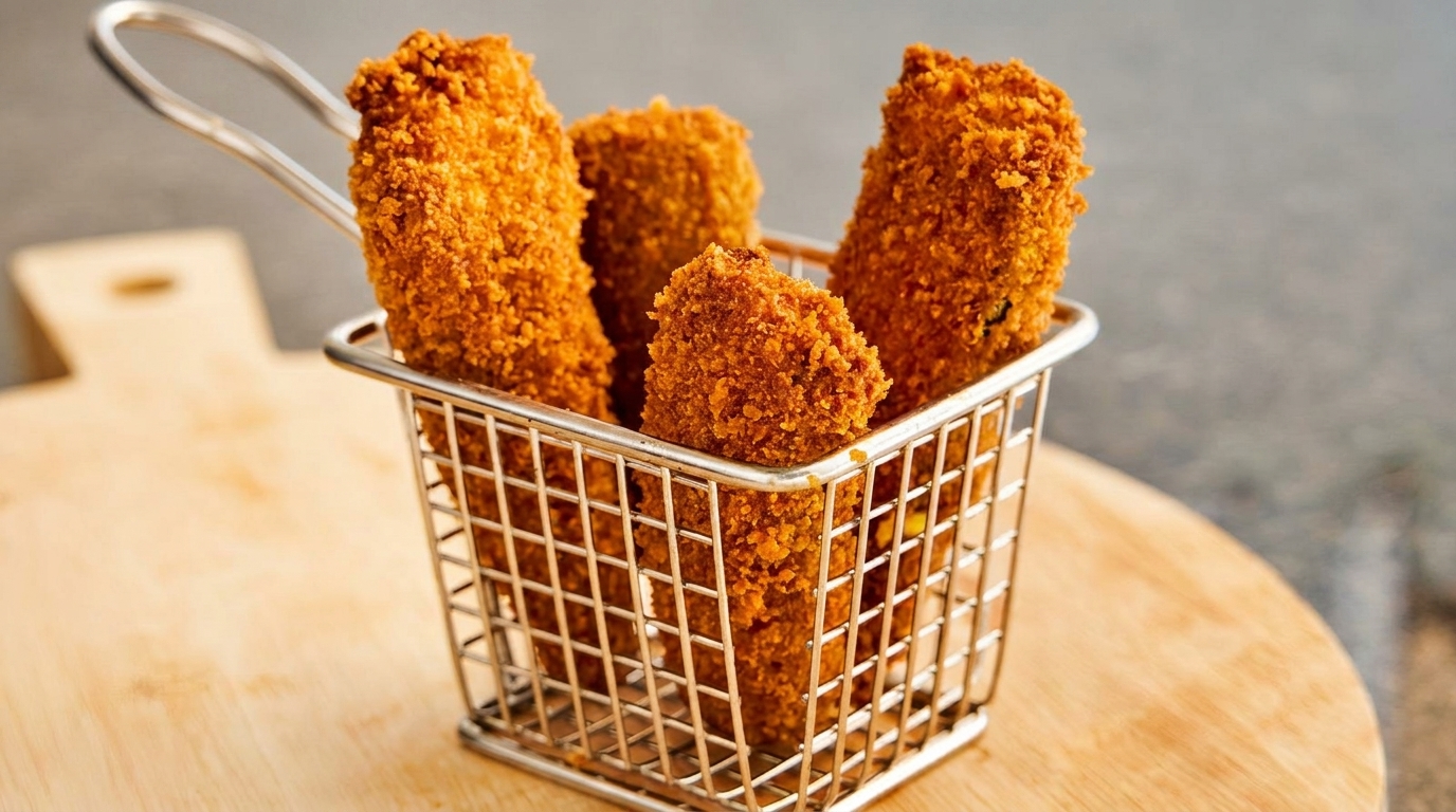 Crispy, golden-brown fried appetizers, possibly croquettes or mozzarella sticks, in a metal serving basket.