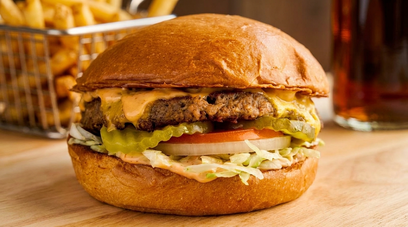 Cheeseburger with special sauce, pickles, tomato, onion, and lettuce, with fries and a drink.