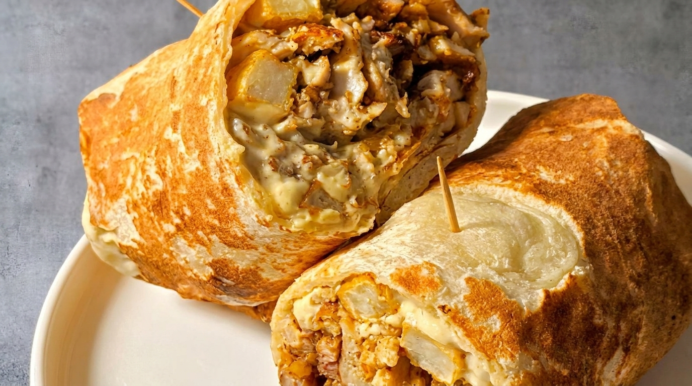 Two halves of a grilled chicken and potato wrap, filled with creamy sauce, on a white plate.