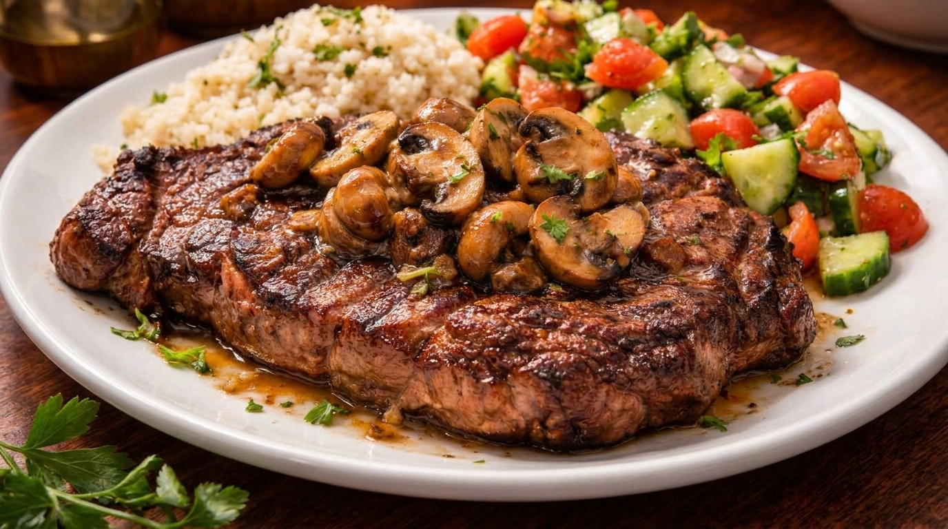 Grilled steak topped with mushrooms, served with rice pilaf and a cucumber tomato salad.