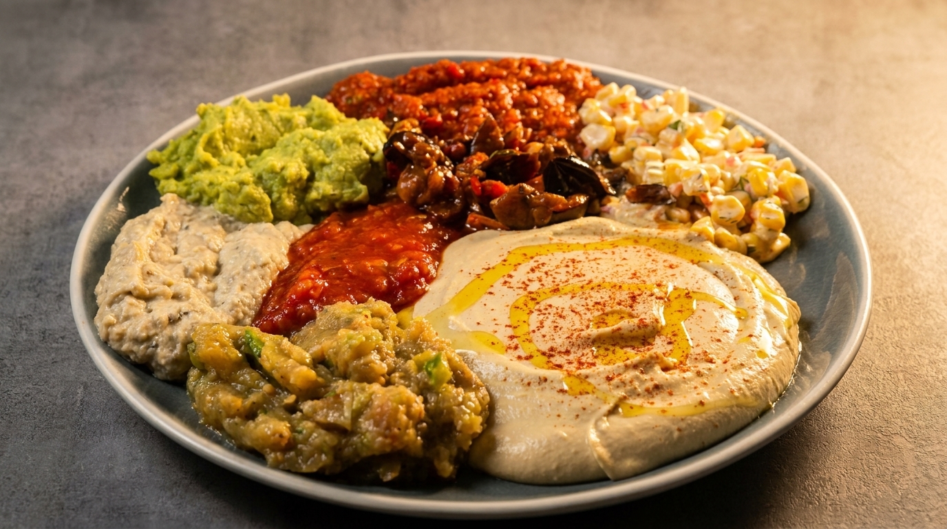 A large platter of various dips, including hummus, guacamole, salsa, and corn salad.