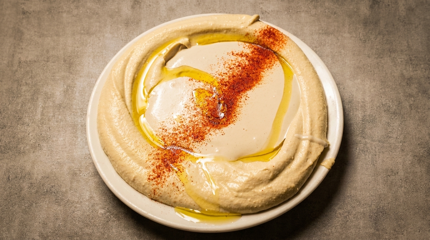 Creamy hummus swirled on a white plate, drizzled with olive oil and sprinkled with paprika.