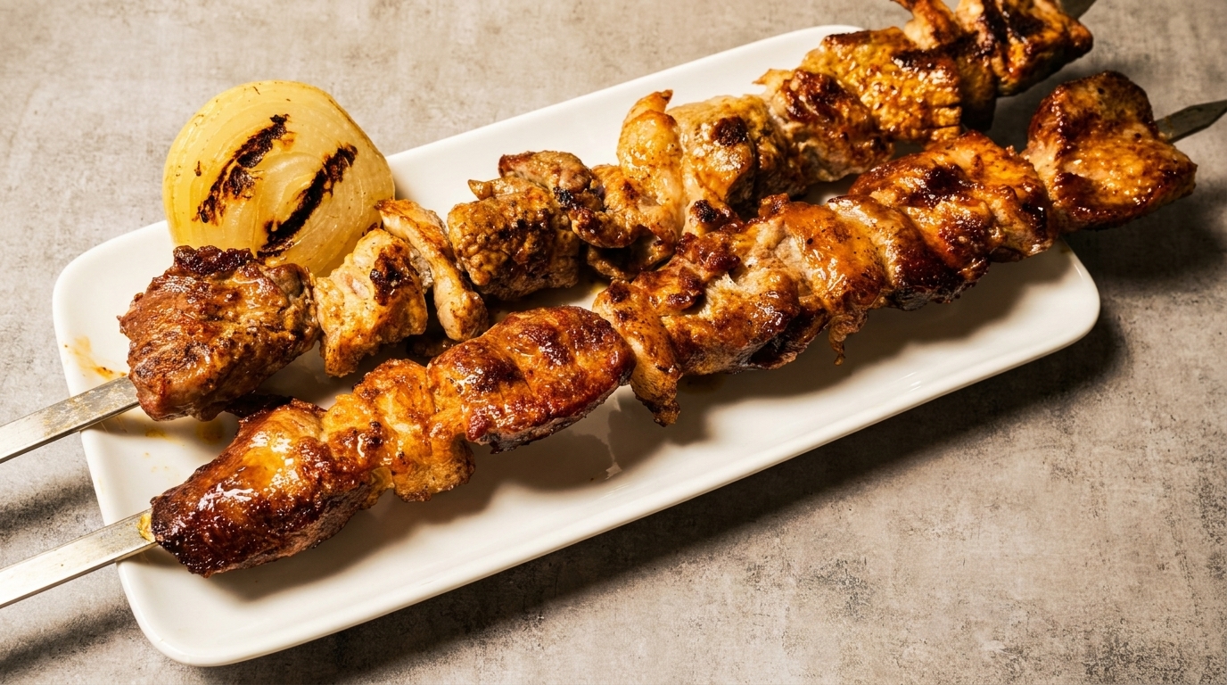 Two skewers of grilled meat and one grilled onion half on a white rectangular plate.