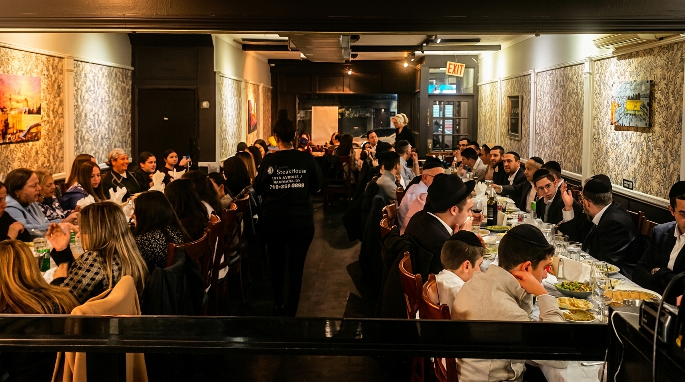 A busy restaurant dining room with many patrons seated at long tables and a server walking through.
