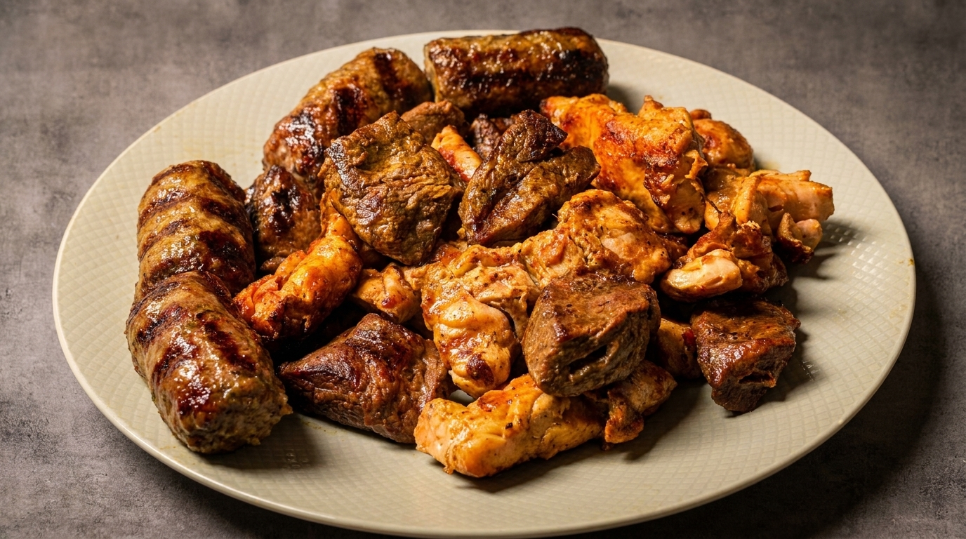 A plate filled with grilled meats, including sausages, beef chunks, and chicken pieces.