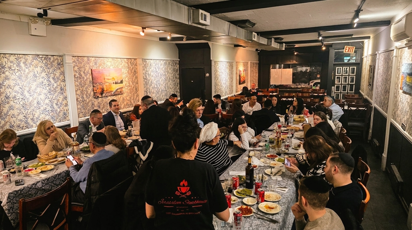 A bustling restaurant interior with many patrons seated at long tables, enjoying meals and conversation.
