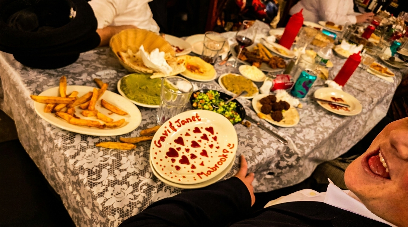 A table laden with various dishes, including fries, dips, and a celebratory plate for "Gavi & Janet."