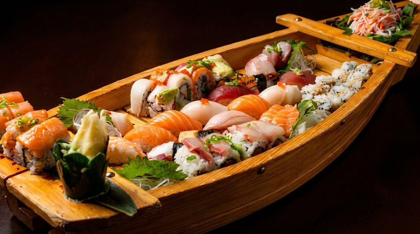 A large wooden boat filled with various sushi rolls, sashimi, and nigiri on a dark background.