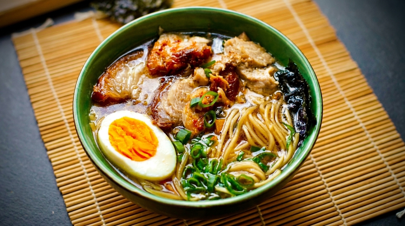 A green bowl of ramen with noodles, pork, seaweed, green onions, and a hard-boiled egg.