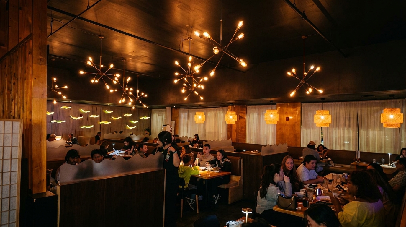 A dimly lit restaurant interior with patrons dining at tables and booths under modern chandeliers.