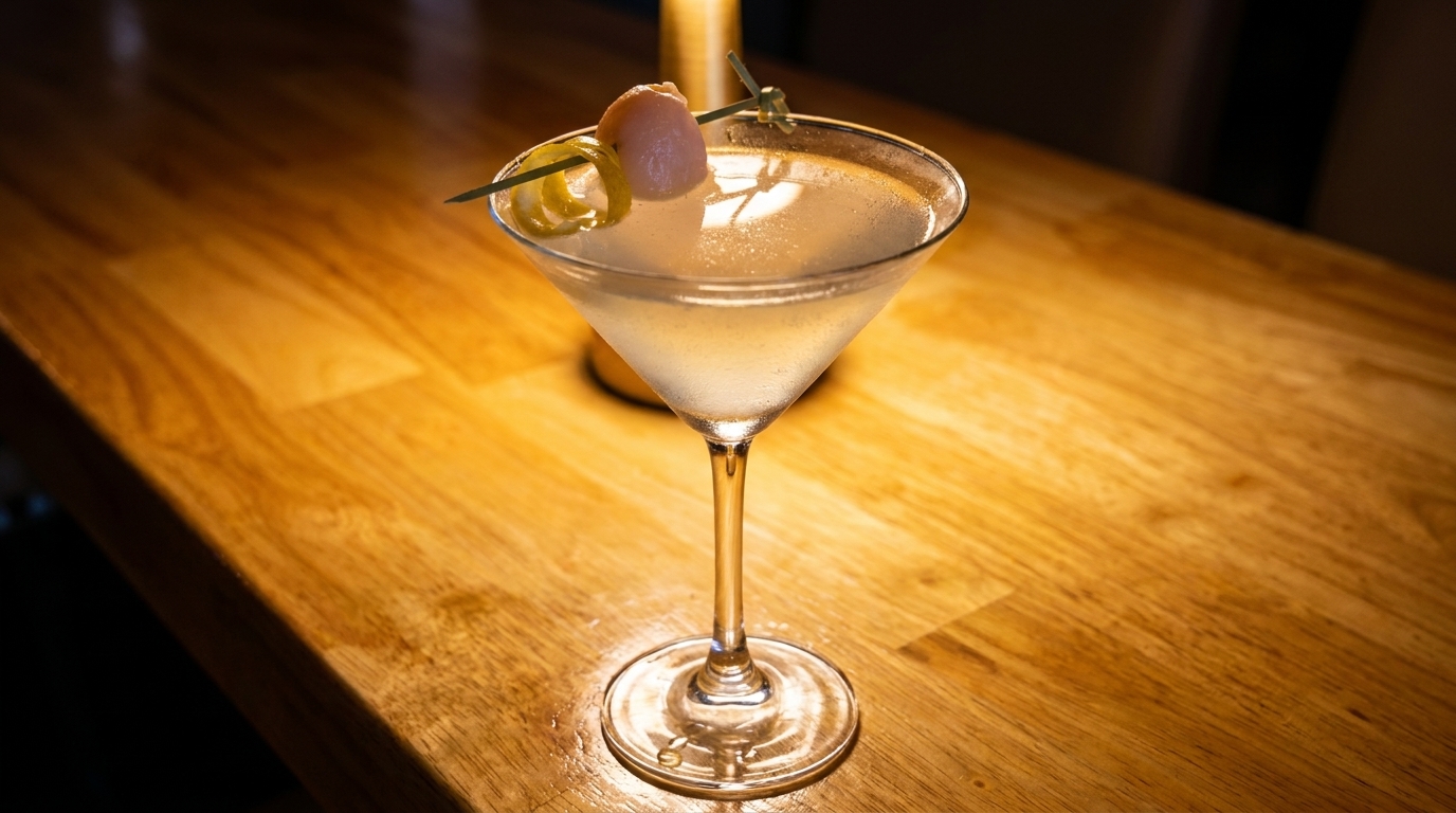 A martini glass with a clear drink, garnished with a lychee and lemon peel, on a wooden bar.