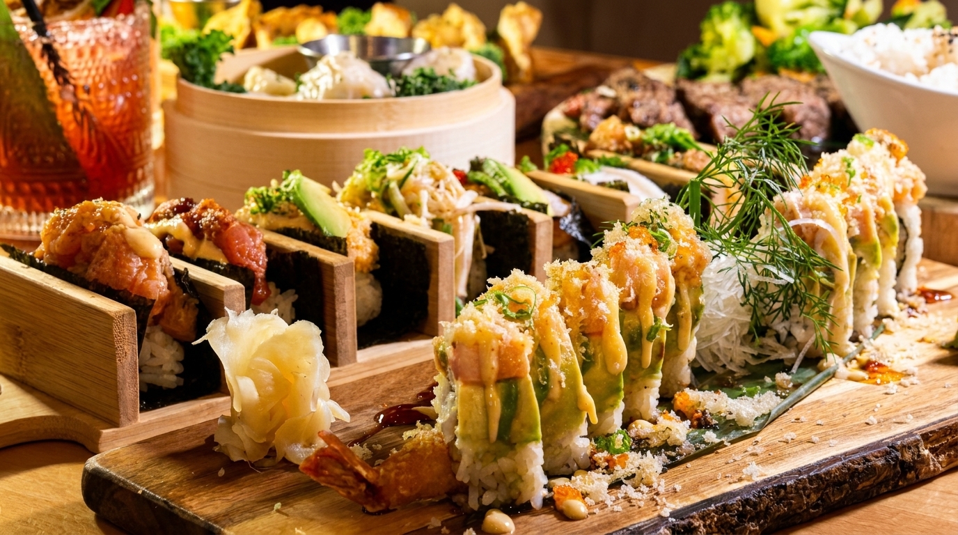 A vibrant spread of sushi rolls, hand rolls, and other Asian dishes on a wooden board.