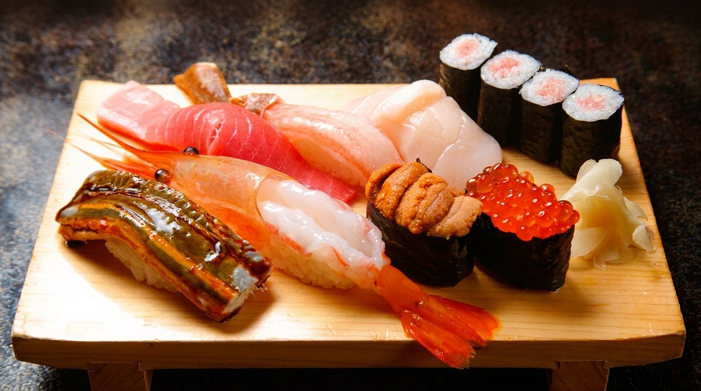 Assortment of fresh sushi and sashimi, including tuna, shrimp, scallops, uni, and roe, on a wooden board.