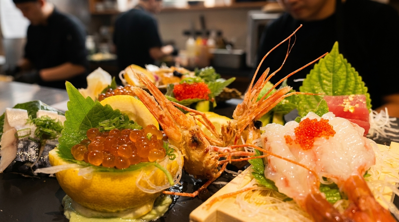 Close-up of a seafood platter with shrimp, salmon roe, tuna, and other sashimi, with chefs in the background.