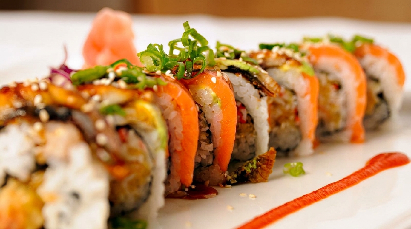 A close-up of a sushi roll with salmon, eel, and green onions, garnished with ginger.
