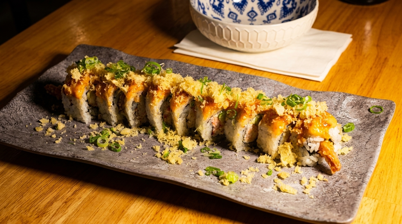 Sushi roll with orange sauce, tempura flakes, and green onions on a rectangular plate.