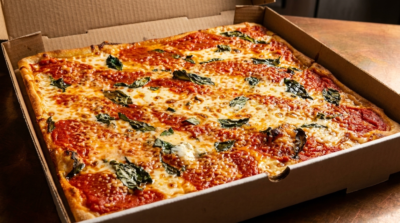 A rectangular pizza with melted cheese, red sauce, and basil leaves in a cardboard box.