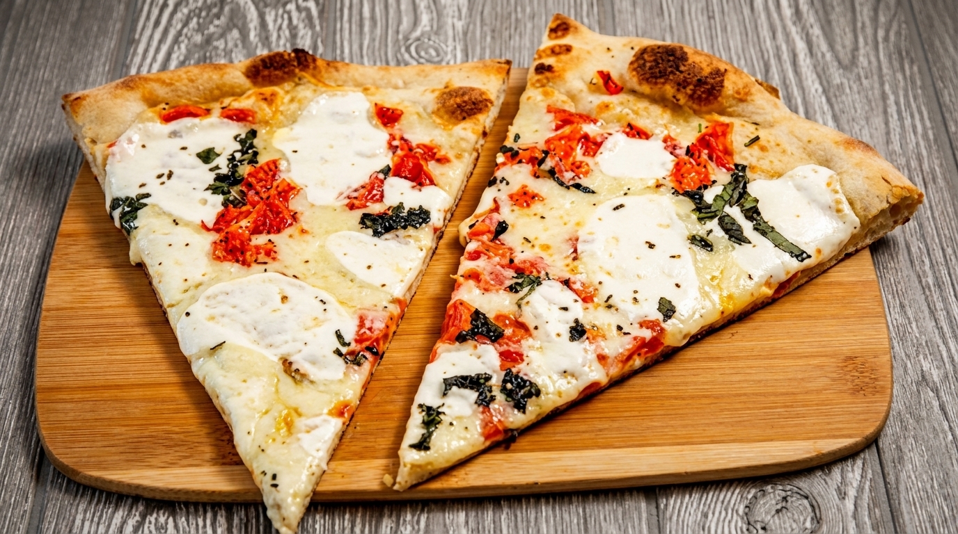 Two slices of Margherita pizza with fresh mozzarella, diced tomatoes, and basil on a wooden board.