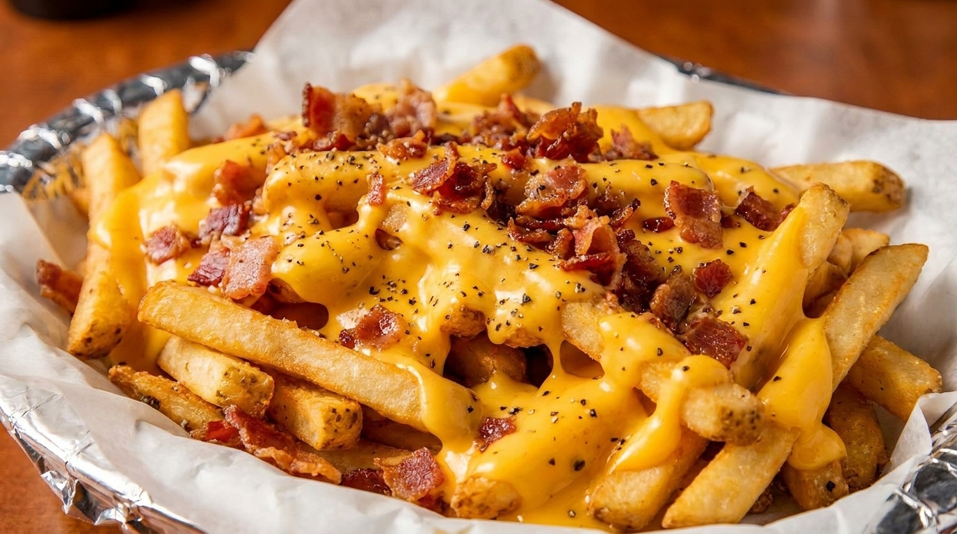 Golden french fries generously topped with melted cheese, crispy bacon bits, and black pepper.