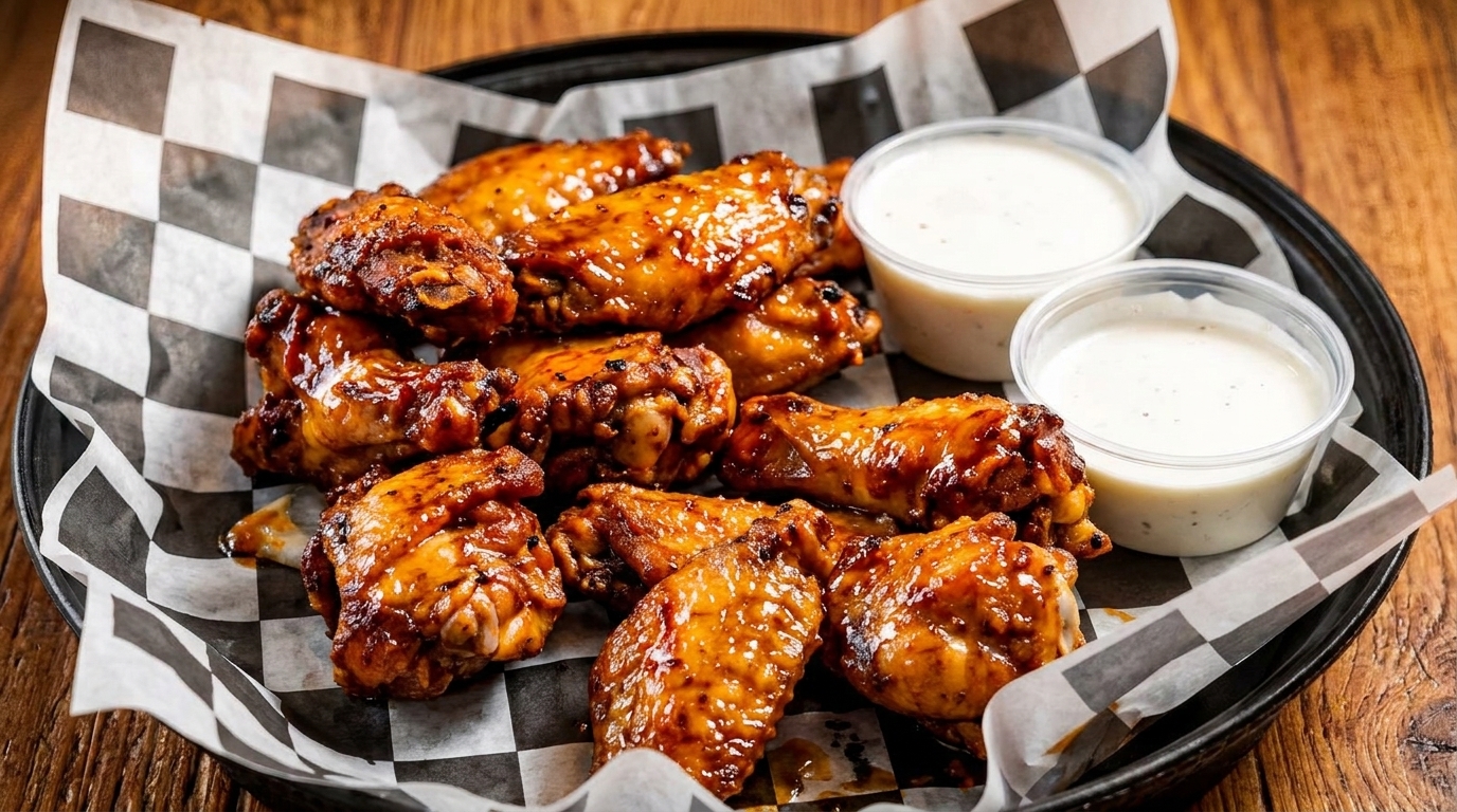 A basket of glossy, saucy chicken wings with two small cups of ranch dressing on checkered paper.
