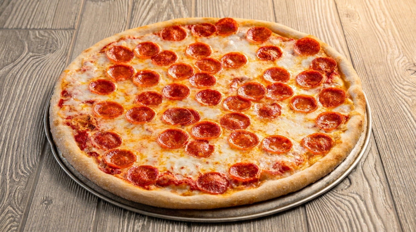 A whole pepperoni pizza with melted cheese on a metal pan, on a wooden table.