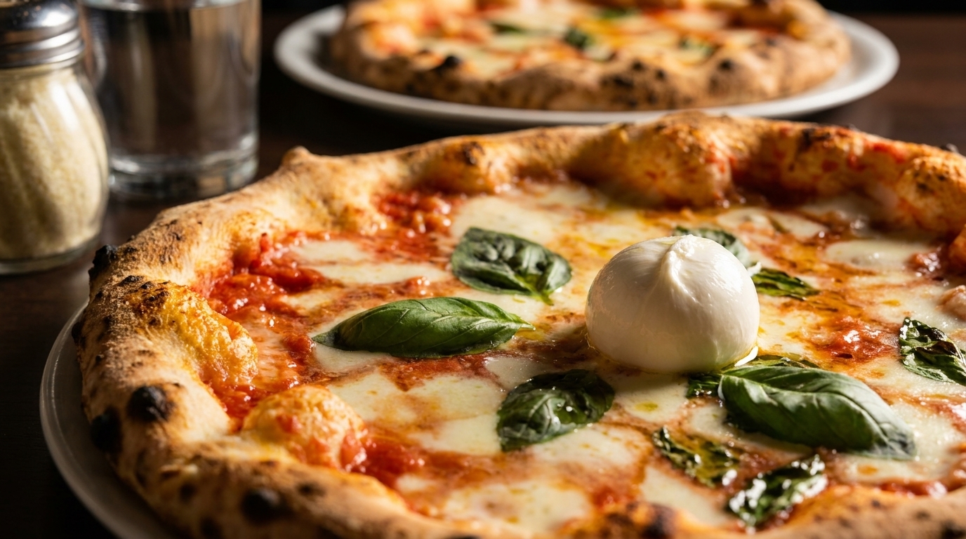 Two Neapolitan pizzas with fresh mozzarella, basil, and tomato sauce on a dark table.
