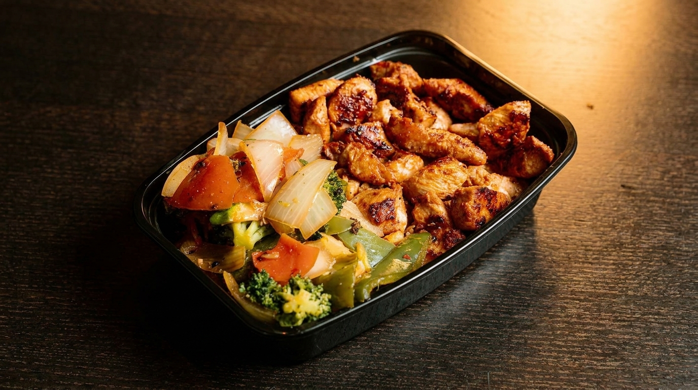 Grilled chicken and stir-fried vegetables in a black takeout container on a dark wooden table.