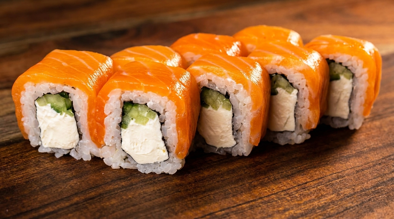 Eight salmon sushi rolls with cream cheese and cucumber filling on a dark wooden surface.