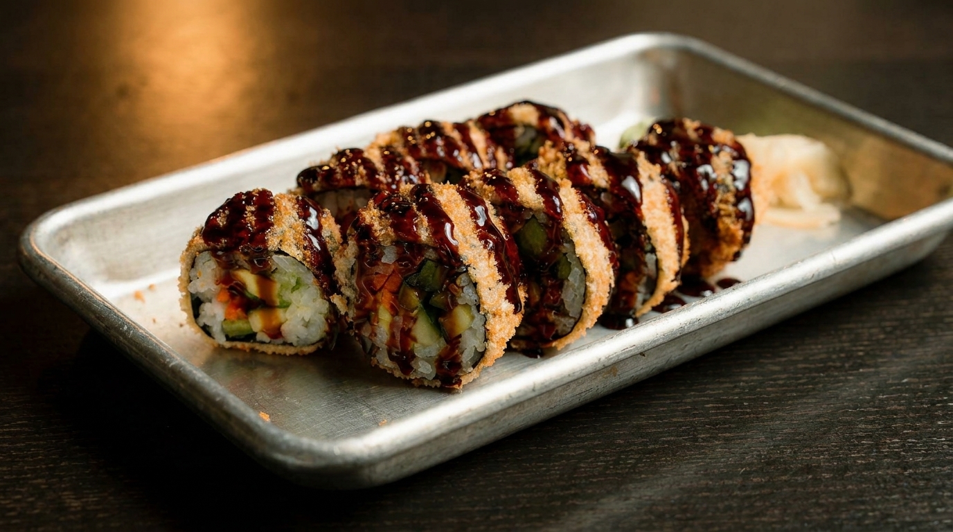 Crispy fried sushi rolls with dark sauce drizzle and pickled ginger on a metal tray.