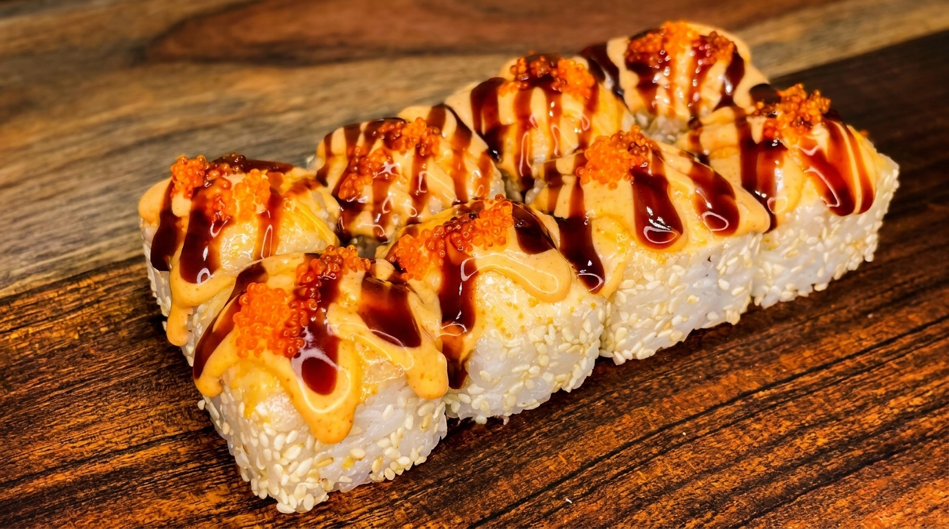 A row of sushi rolls topped with orange sauce, dark glaze, and bright orange roe on a wooden surface.