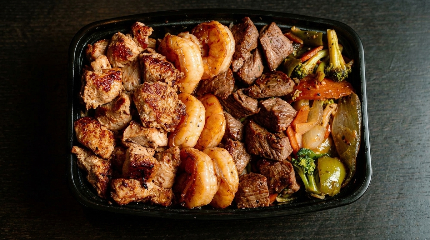 Black takeout container filled with grilled chicken, shrimp, beef, and stir-fried vegetables.