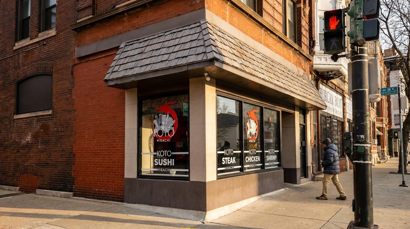 Exterior of Koto Hibachi restaurant on a street corner with a person walking by.