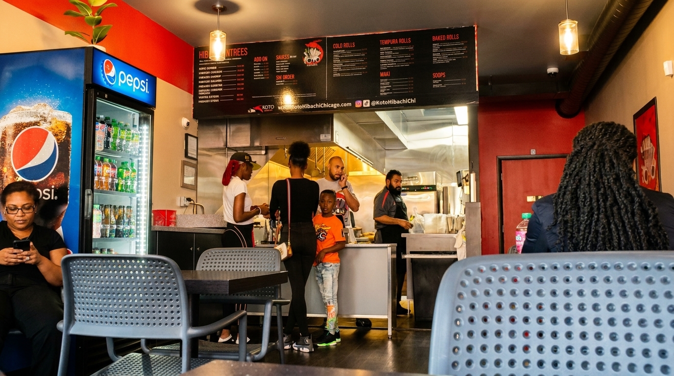Customers wait at the counter of a Koto Hibachi restaurant with a Pepsi cooler nearby.