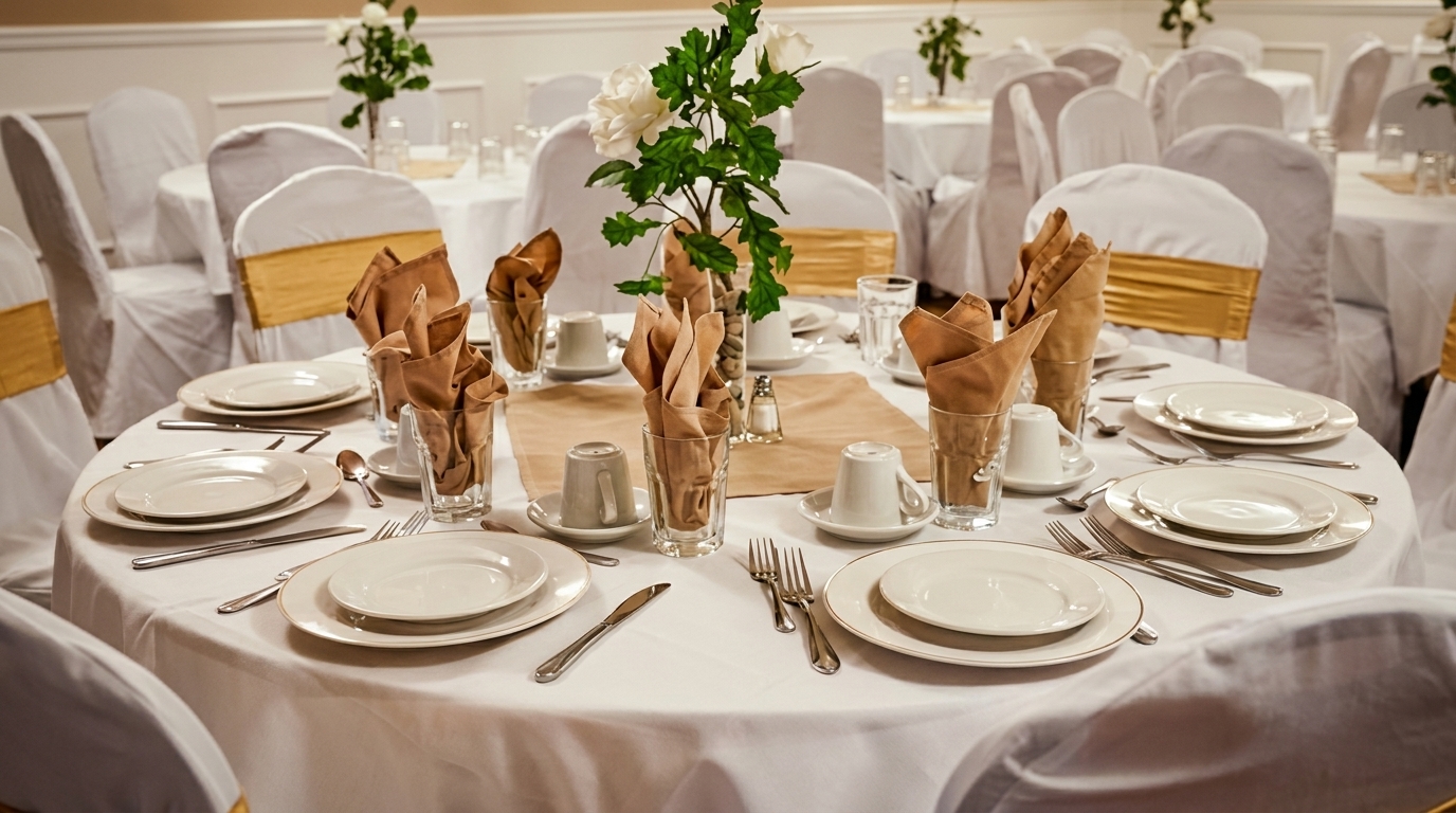 A round table set for a formal event with white tablecloths, plates, and gold accents.