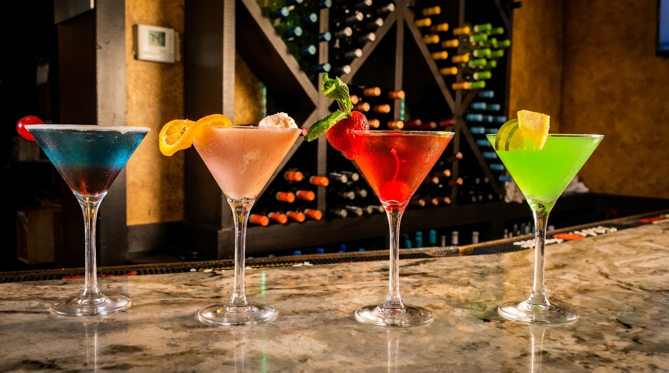 Four colorful cocktails, garnished with fruit, sit on a marble bar top in front of a wine rack.